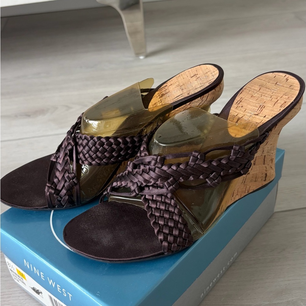 Nine West Dark Brown Braided Cork Wedge Sandals